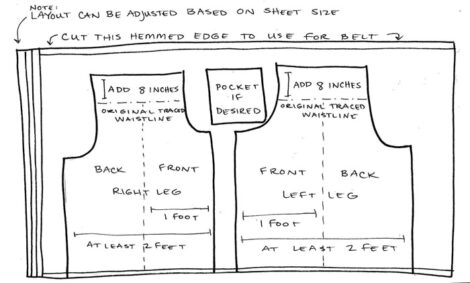 Hand-drawn diagram for making your own fisherman pants out of a sheet. The sheet is…